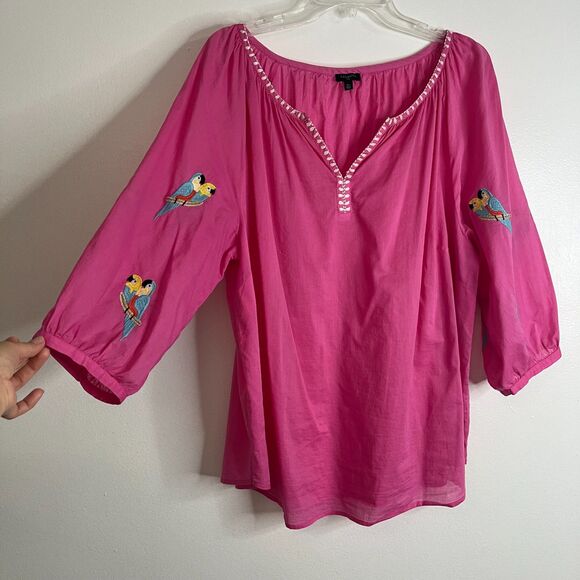Talbots Plus Sz 2X Pink Top Parrots on Sleeve Light Weight Long Sleeve Pullover - Picture 1 of 11
